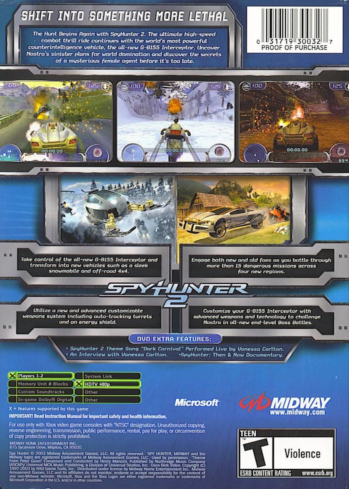Spy Hunter 2 Xbox XBOX video game featuring vehicular combat action gameplay high speed spy car driving weapon equipped vehicles enemy pursuit missions machine guns missile attacks road combat explosive obstacles secret agent action and classic Xbox arcade driving gameplay retro video game collection collectible gaming appeal back cover
