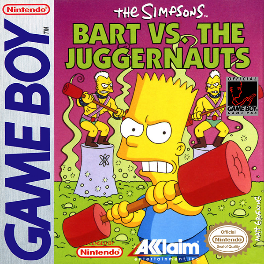 The Simpsons Bart vs the Juggernauts Game Boy handheld action puzzle game featuring Bart Simpson trivia challenges against celebrity opponents cover art