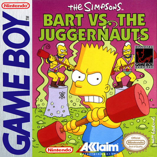 The Simpsons Bart vs the Juggernauts Game Boy handheld action puzzle game featuring Bart Simpson trivia challenges against celebrity opponents cover art