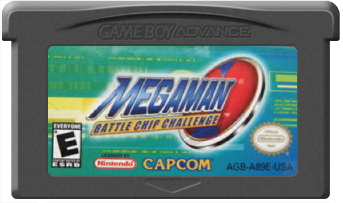 Mega Man Battle Chip Challenge Game Boy Advance GBA video game, strategy RPG, card-based battle system, handheld Capcom title cartridge art