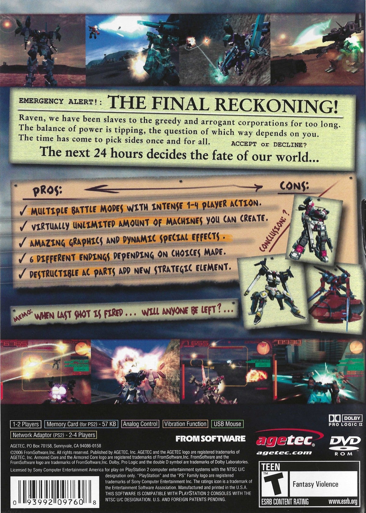 Retro Armored Core Last Raven PS2 inspired design featuring futuristic mech warfare aesthetic vintage PlayStation 2 customizable armored robots post apocalyptic conflict intense tactical combat industrial sci fi atmosphere nostalgic FromSoftware action gameplay back cover art