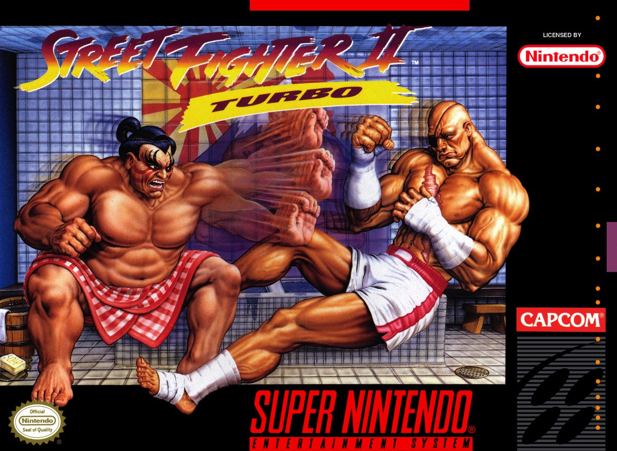 Street Fighter II Turbo for Super Nintendo fighting game featuring fast paced arcade battles classic Capcom characters versus mode special moves and competitive gameplay cover art