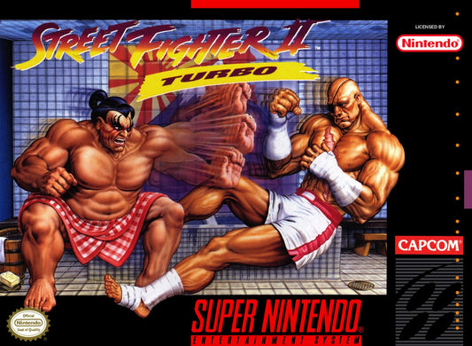 Street Fighter II Turbo for Super Nintendo fighting game featuring fast paced arcade battles classic Capcom characters versus mode special moves and competitive gameplay cover art