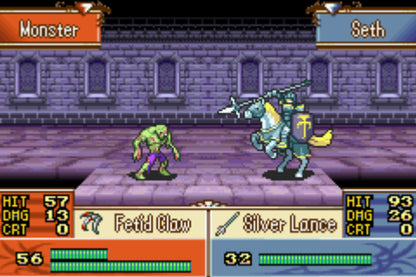 Fire Emblem: The Sacred Stones cartridge for the Game Boy Advance featuring tactical RPG gameplay with grid based battles character recruitment permadeath mechanics and a fantasy storyline set in the continent of Magvel gameplay