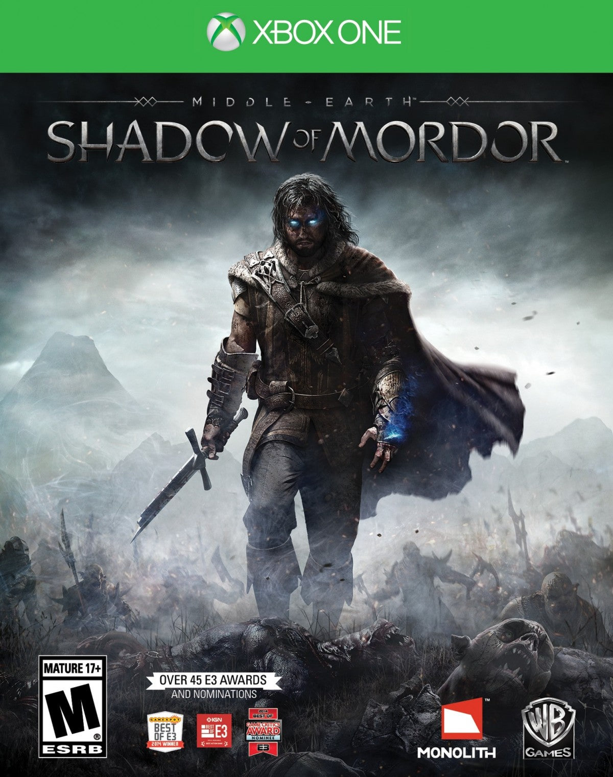 Middle Earth Shadow of Mordor Xbox One open-world action game with stealth combat and the Nemesis system in Tolkien’s universe cover art