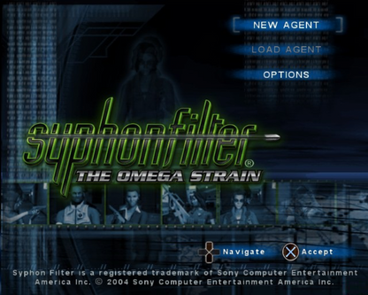 Syphon Filter: The Omega Strain – PlayStation 2 (PS2) video game title screen, tactical third-person shooter.