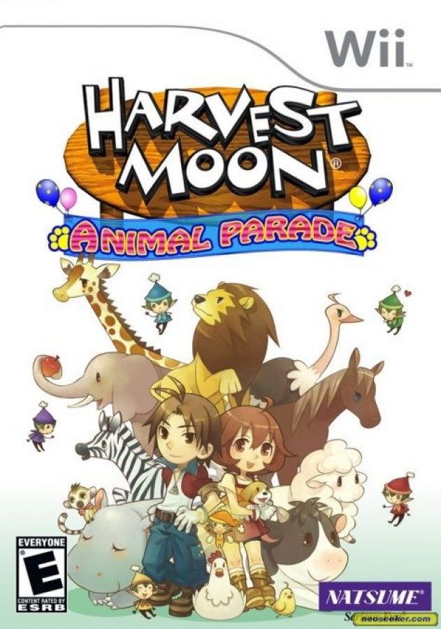 Harvest Moon Animal Parade Nintendo Wii for retro video game enthusiasts featuring farming simulation gameplay crop cultivation animal care village life exploration relationship building seasonal events relaxing role playing adventure and collectible gaming appeal front cover