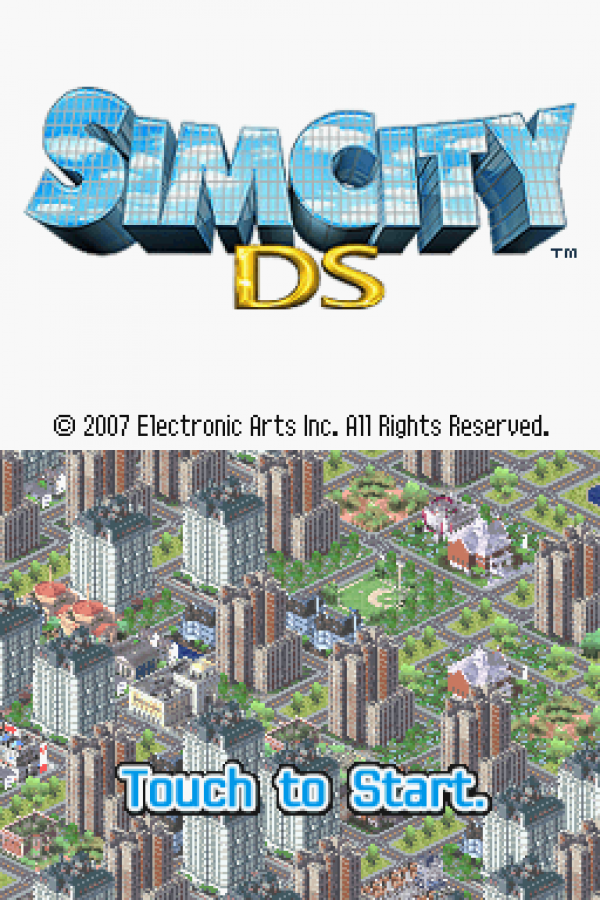 SimCity DS Nintendo DS start screen for retro video game featuring city building simulation gameplay urban planning and resource management growing metropolitan skylines strategic development decisions transportation systems civic infrastructure and portable strategy gaming experience