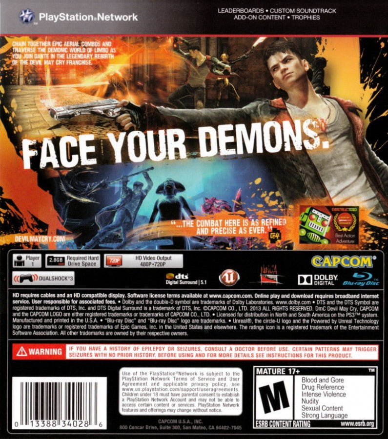 DMC: Devil May Cry back cover art for PlayStation 3 (PS3) video game
