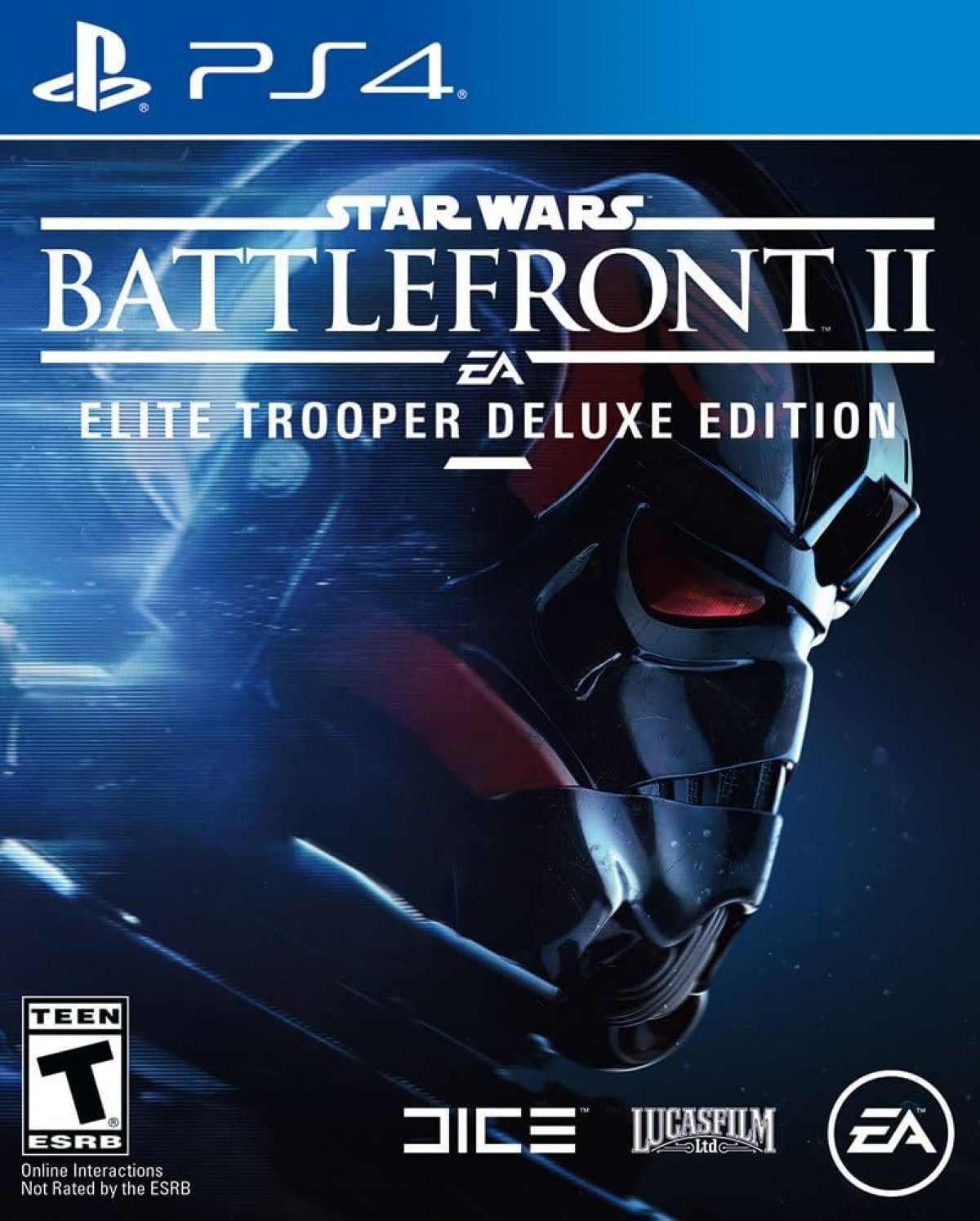 Star Wars Battlefront II Elite Trooper Deluxe Edition PS4 game featuring large-scale multiplayer battles, iconic Star Wars heroes, and exclusive deluxe edition bonus content cover art