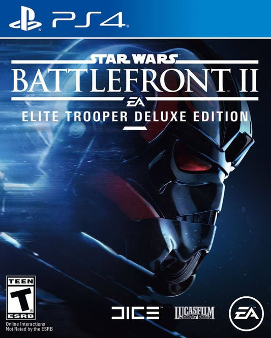 Star Wars Battlefront II Elite Trooper Deluxe Edition PS4 game featuring large-scale multiplayer battles, iconic Star Wars heroes, and exclusive deluxe edition bonus content cover art