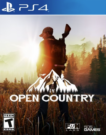 Open Country – PlayStation 4 (PS4) video game cover art, outdoor survival and hunting adventure in wilderness backdrop
