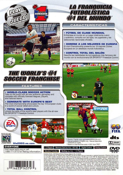 FIFA Soccer 2003 retro PlayStation 2 video game FIFA Soccer football sports simulation realistic gameplay multiplayer tournament mode console title PlayStation 2 release back of case