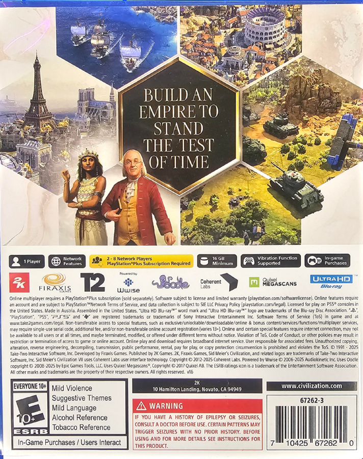 Sid Meier's Civilization VII PlayStation 5 PS5 for turn based strategy video game fans featuring empire building world exploration city development diplomacy technological advancement cultural progression military strategy resource management historical leaders and immersive civilization gameplay collectible gaming appeal back cover art