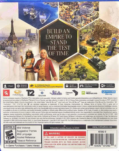 Sid Meier's Civilization VII PlayStation 5 PS5 for turn based strategy video game fans featuring empire building world exploration city development diplomacy technological advancement cultural progression military strategy resource management historical leaders and immersive civilization gameplay collectible gaming appeal back cover art