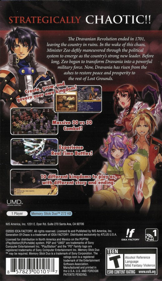 Generation of Chaos PlayStation Portable PSP inspired design featuring fantasy strategy RPG aesthetic large scale tactical battlefield warfare kingdom management turn based combat systems faction based conflict dark medieval world setting and portable strategic gameplay presentation back cover