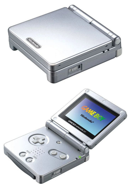 Game Boy Advance SP Platinum handheld gaming console.
