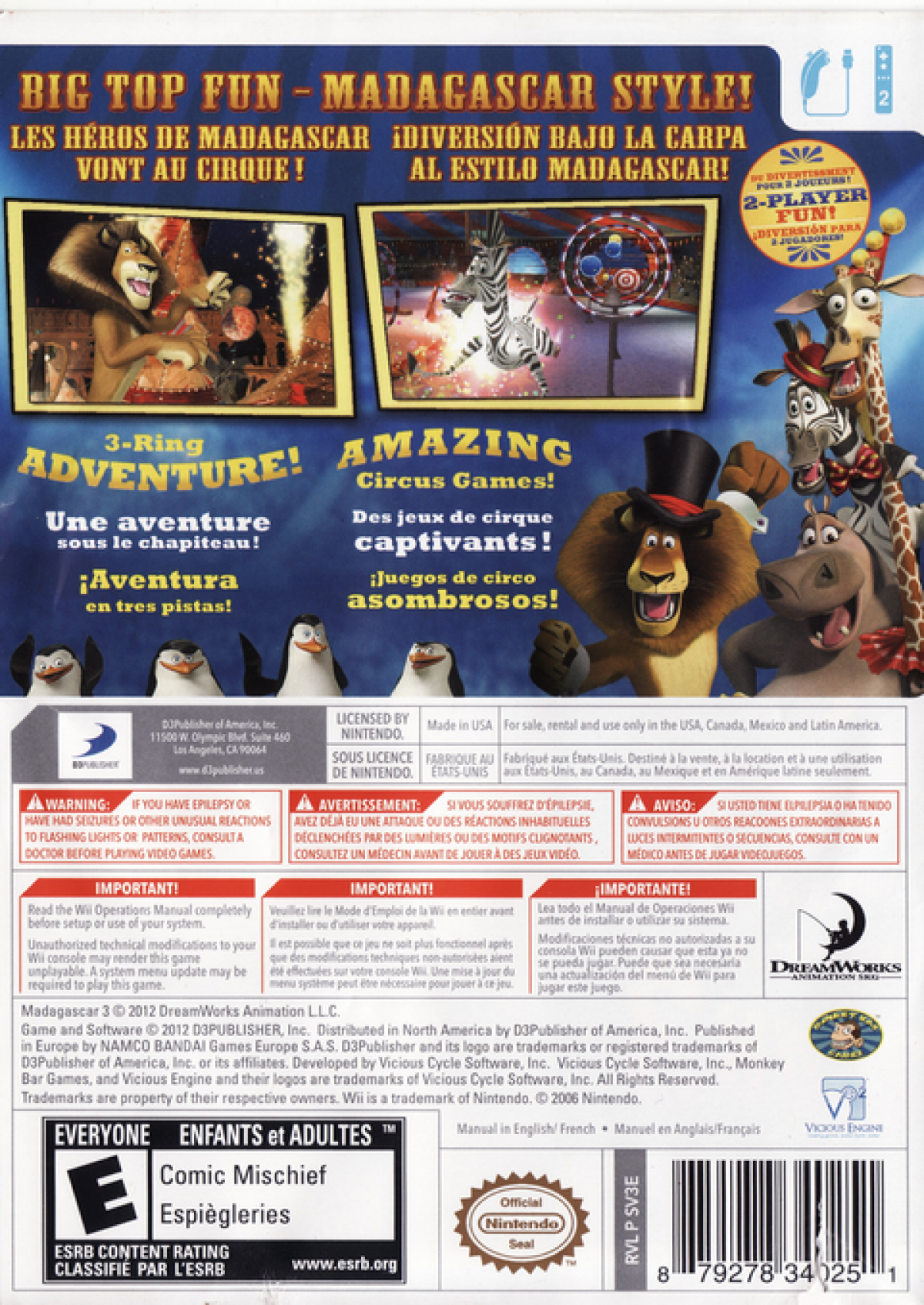 Madagascar 3 The Video Game Nintendo Wii for action adventure video game fans featuring circus themed gameplay colorful environments favorite DreamWorks characters mini games platforming challenges motion controls family friendly fun and entertaining multiplayer gameplay collectible gaming appeal back cover art
