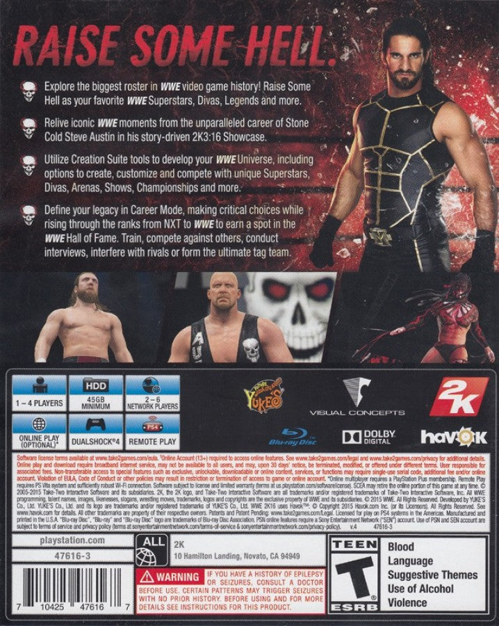WWE 2K16 PlayStation 3 PS3 for wrestling video game fans featuring realistic WWE matches authentic superstar roster championship modes career gameplay multiplayer competition signature moves immersive sports entertainment collectible gaming appeal  back cover