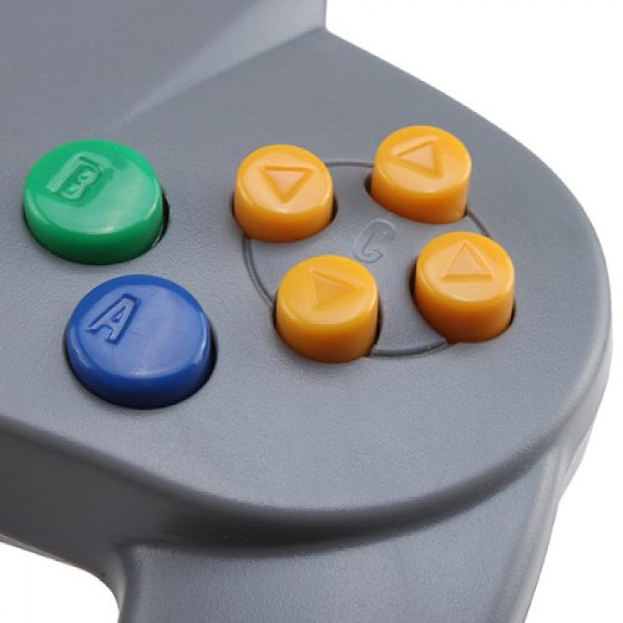Close-up of joystick and buttons on original gray Nintendo 64 controller