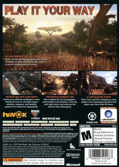 Far Cry 2 GameStop Edition for Xbox 360 with open-world firefighting and survival theme main back cover