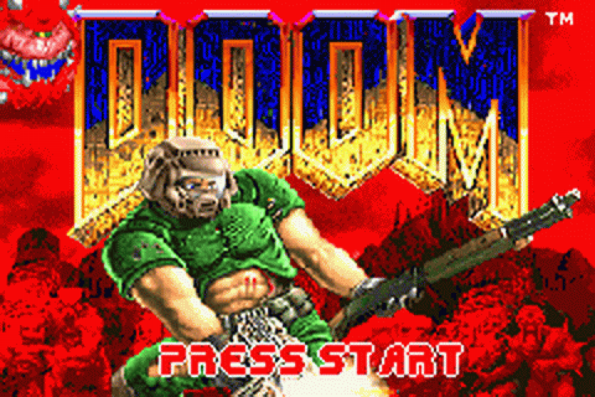 Doom for Game Boy Advance, title screen for a first-person shooter video game with fast-paced combat, demon enemies, sci-fi environments, and classic arcade-style action