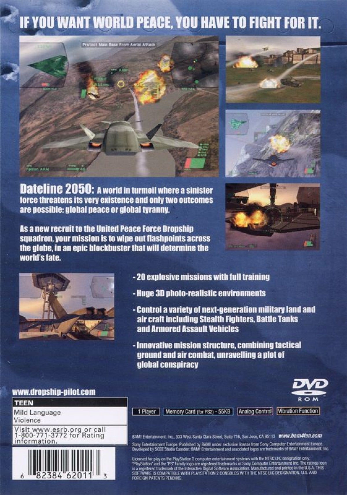 Dropship: United Peace Force back of case for PlayStation 2 (PS2) futuristic military flight-combat action video game