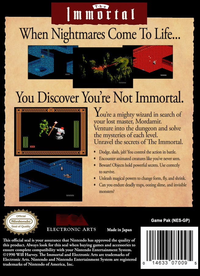The Immortal NES Nintendo Entertainment System action adventure game isometric dungeon crawler fantasy puzzle solving combat Electronic Arts Will Harvey retro 8 bit gaming cartridge video game title gameplay