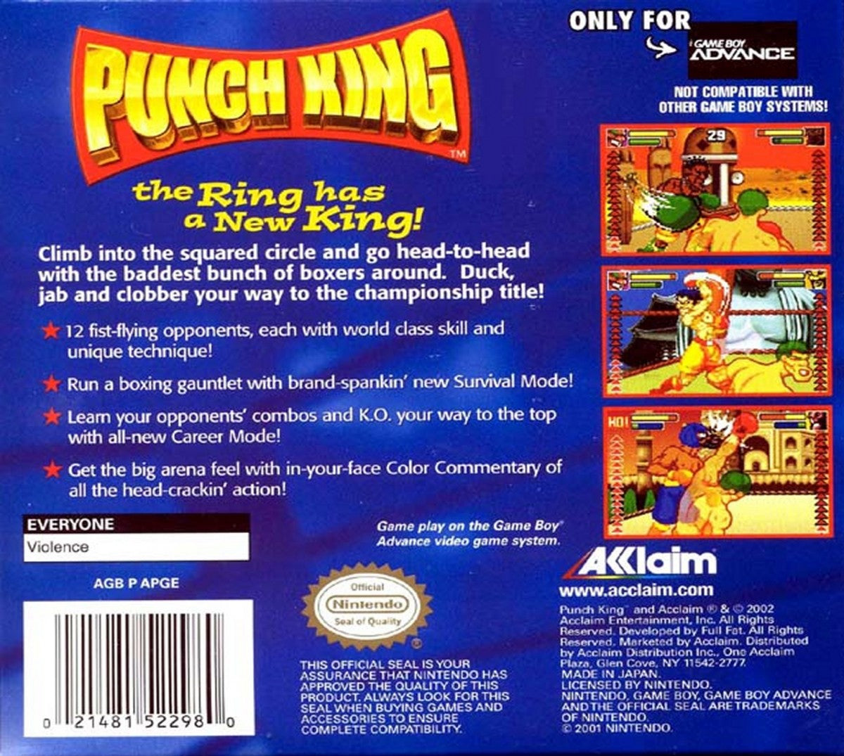 Punch King Game Boy Advance GBA video game featuring boxing gameplay competitive matches punch combinations knockout action boxing challenges character battles and classic handheld sports gaming retro video game collection collectible gaming appeal back cover art