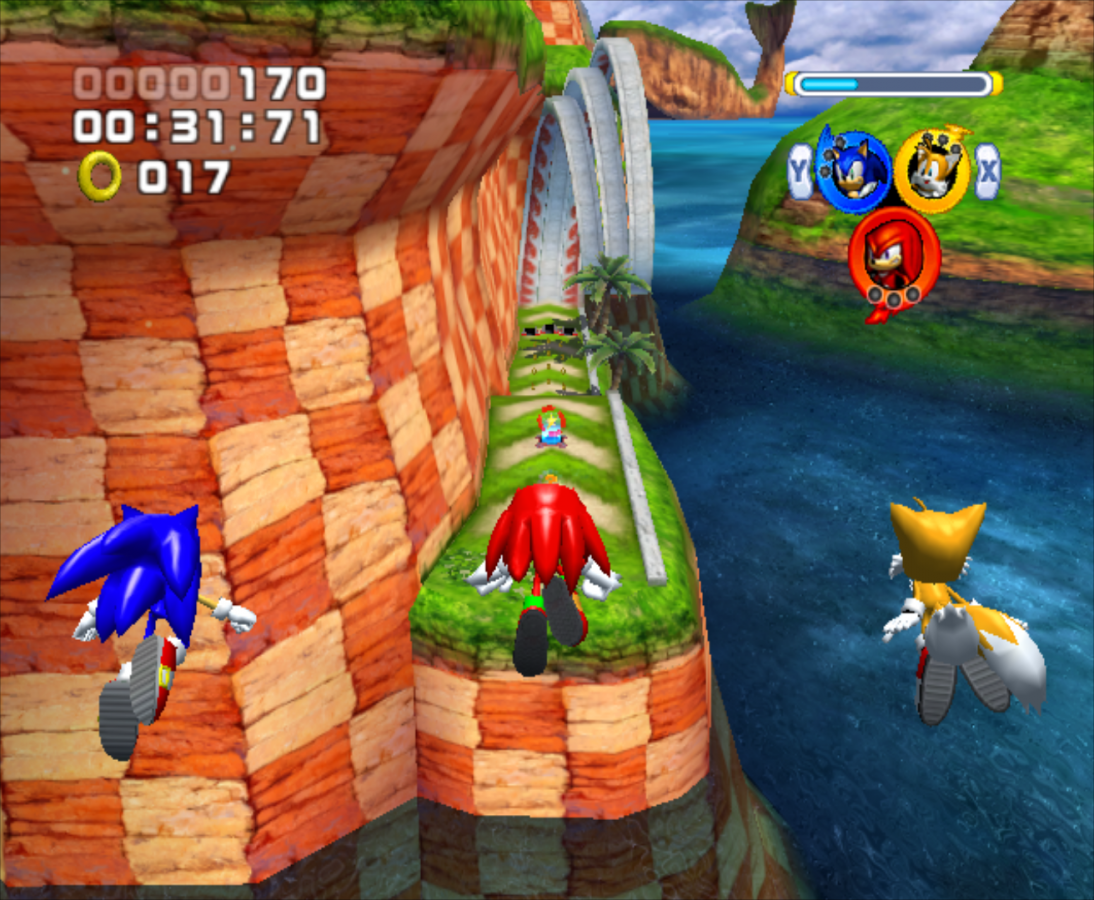 Sonic Heroes GameCube game featuring fast-paced team-based platforming, colorful 3D levels, and classic Sonic the Hedgehog action adventure gameplay