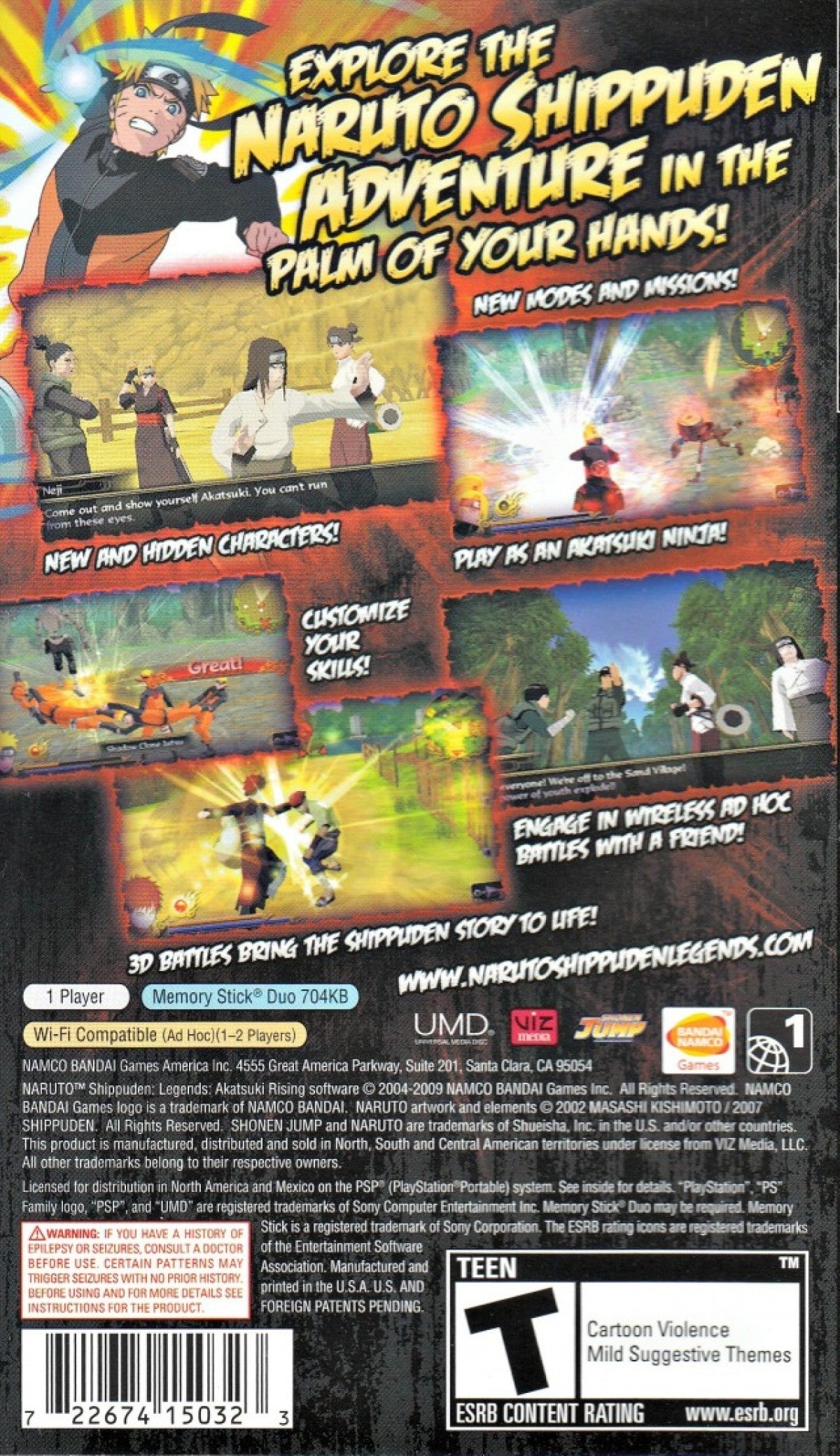 Naruto Shippuden Legends Akatsuki Rising PlayStation Portable PSP fighting action game featuring the Akatsuki organization villain roster story mode ultimate jutsu battles and ad-hoc multiplayer versus combat from the Naruto anime series back cover