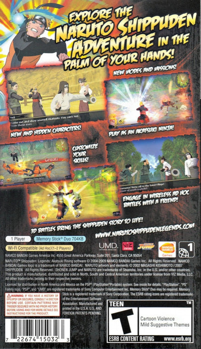 Naruto Shippuden Legends Akatsuki Rising PlayStation Portable PSP fighting action game featuring the Akatsuki organization villain roster story mode ultimate jutsu battles and ad-hoc multiplayer versus combat from the Naruto anime series back cover