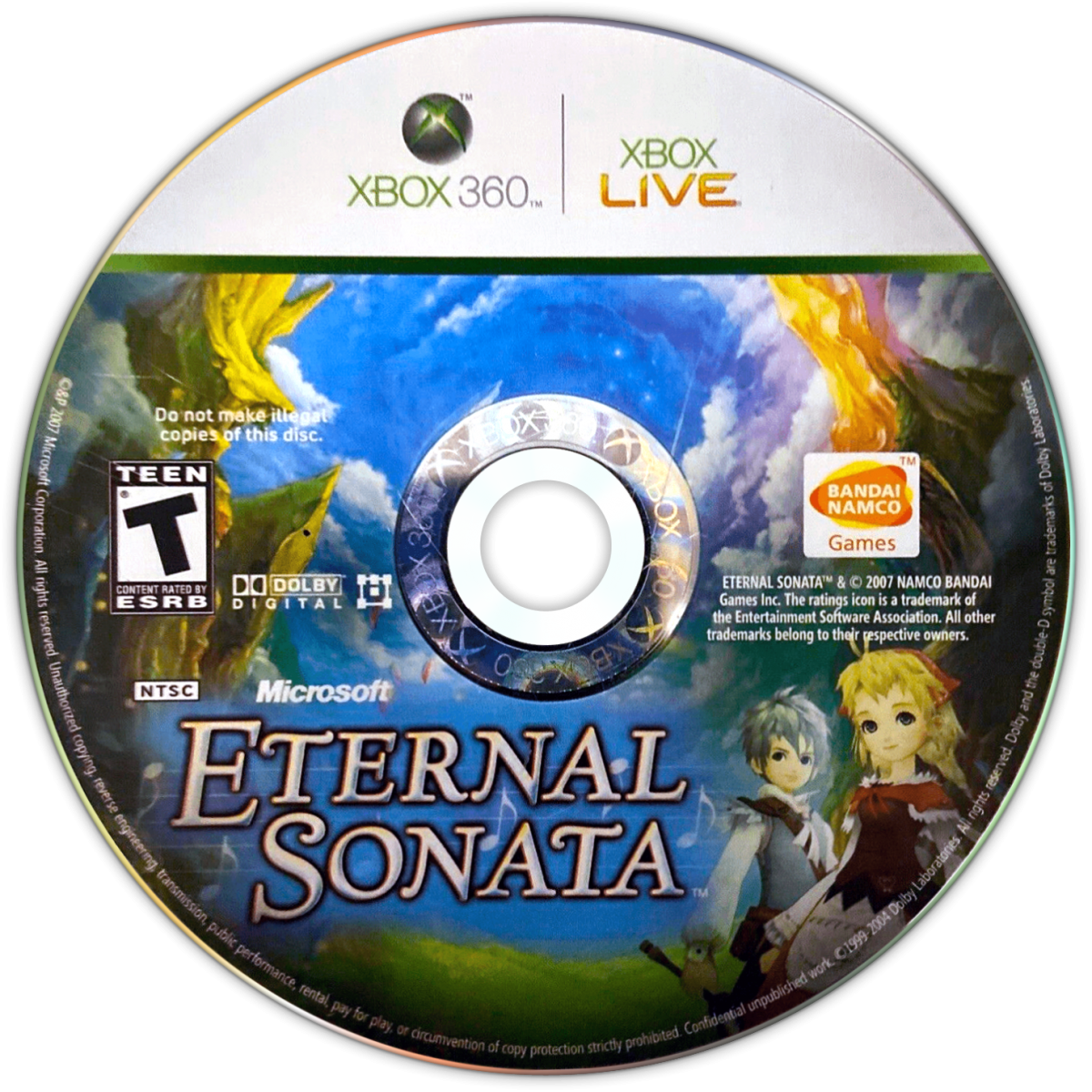 Eternal Sonata Xbox 360 JRPG featuring turn based and real time hybrid battle system anime art style emotional fantasy storyline inspired by composer Frédéric Chopin cinematic cutscenes and expansive role playing adventure by Namco Bandai disc