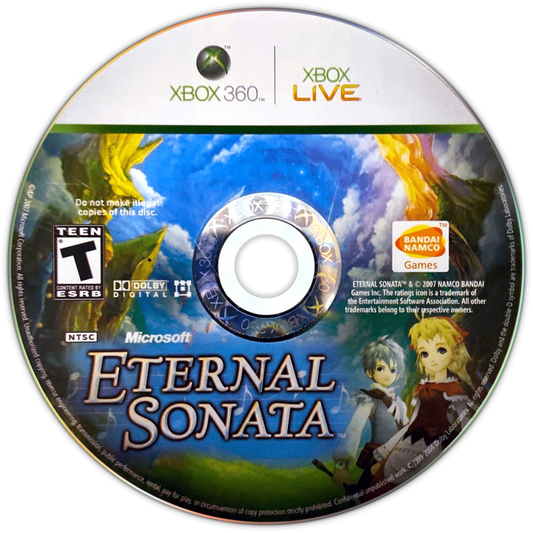 Eternal Sonata Xbox 360 JRPG featuring turn based and real time hybrid battle system anime art style emotional fantasy storyline inspired by composer Frédéric Chopin cinematic cutscenes and expansive role playing adventure by Namco Bandai disc