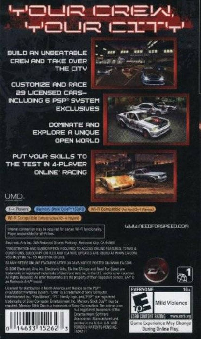 Need for Speed Carbon: Own the City back of case for PlayStation Portable (PSP) racing game