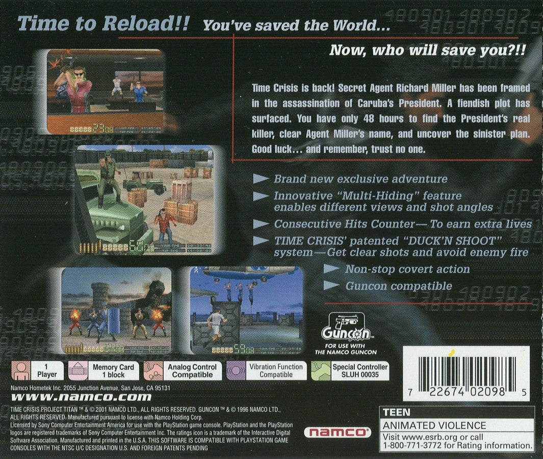 Time Crisis Project Titan PS1 PlayStation 1 light gun shooter arcade action game Namco rail shooter gameplay retro video game back of case