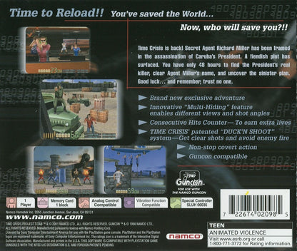 Time Crisis Project Titan PS1 PlayStation 1 light gun shooter arcade action game Namco rail shooter gameplay retro video game back of case