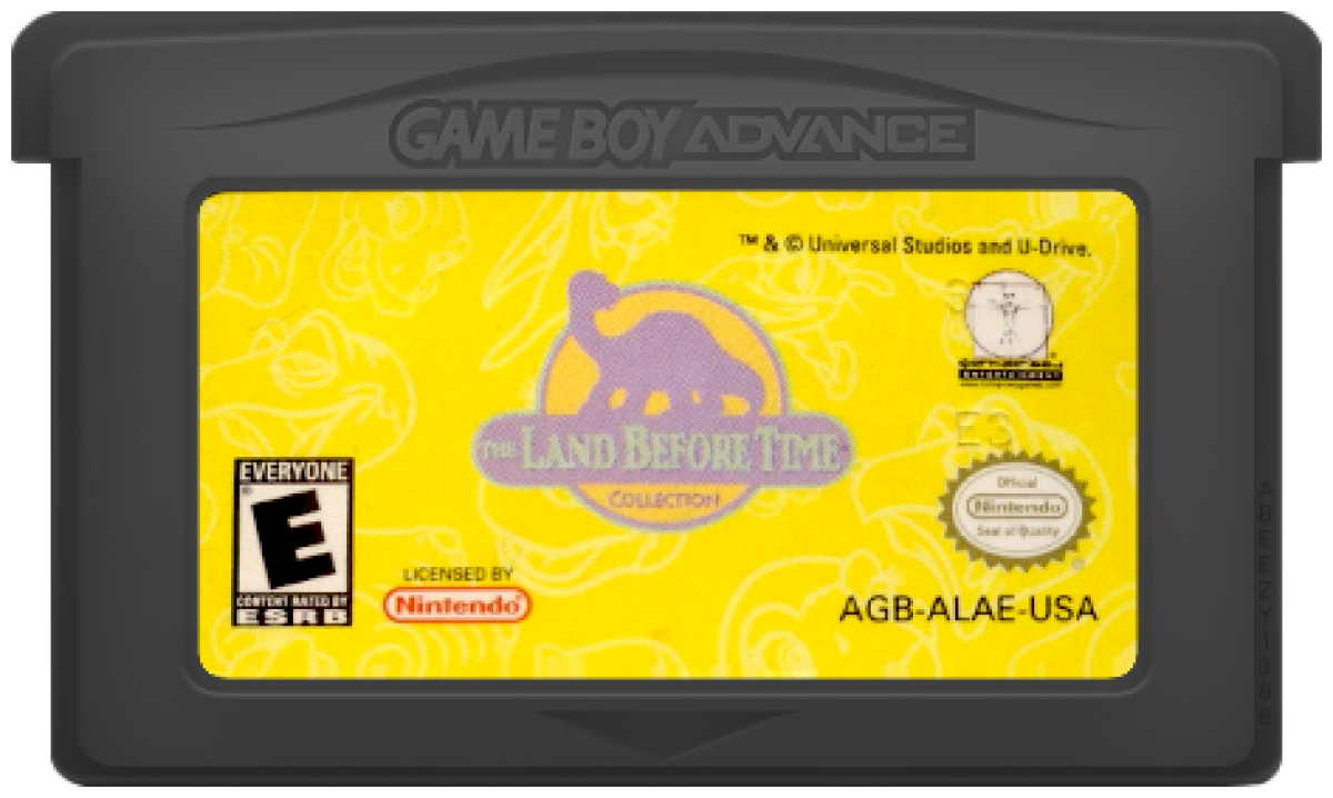 The Land Before Time Collection for Game Boy Advance, cartridge for a retro video game featuring side-scrolling platforming gameplay, character-based adventures, family-friendly challenges, and movie-inspired prehistoric action