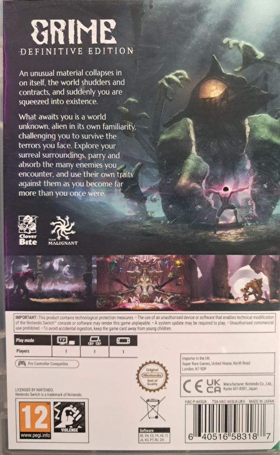GRIME Definitive Edition Nintendo Switch inspired design featuring dark surreal action adventure aesthetic organic metamorphic world exploration challenging parry based combat grotesque cosmic environments metroidvania progression and atmospheric body horror gameplay presentation back cover 