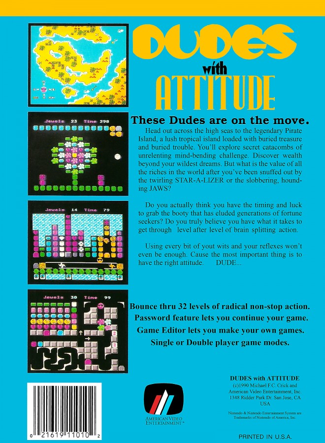 Dudes with Attitude retro NES video game Dudes with Attitude puzzle platform action gameplay quirky characters cooperative challenges classic console title Nintendo Entertainment System release back of case