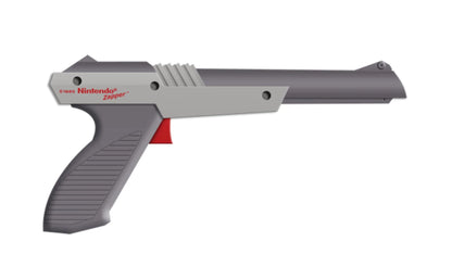 OEM Nintendo Zapper light gun accessory in gray for the Nintendo Entertainment System NES official authentic peripheral with orange tip trigger grip and cable connector for Duck Hunt and other shooting games right side