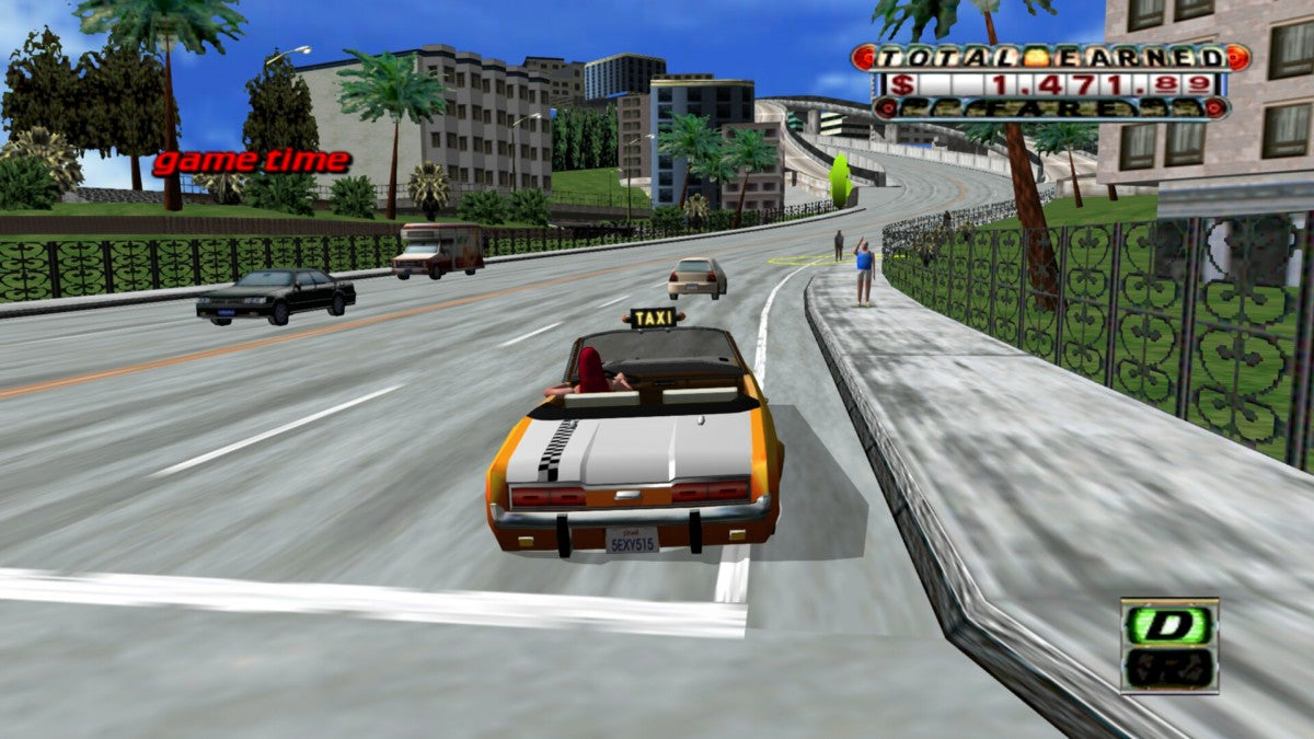 Crazy Taxi PlayStation 2 arcade-style driving video game Sega fast-paced passenger delivery open-world city environment licensed punk alternative soundtrack insane stunts time-based scoring Crazy Box challenge modes original arcade port gameplay screenshot