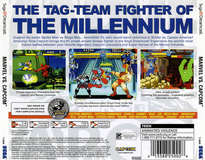 Marvel vs. Capcom Dreamcast featuring classic arcade-style fighting gameplay with Marvel and Capcom characters back cover art