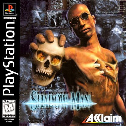 Shadow Man PlayStation 1 PS1 for action adventure retro video game fans featuring supernatural horror exploration dark fantasy combat voodoo mythology puzzle solving atmospheric environments undead enemies collectible gaming appeal front cover art