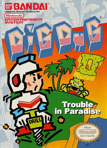 Dig Dug II Trouble in Paradise Nintendo Entertainment System NES video game featuring arcade action gameplay island exploration enemy digging rock crushing and air pump attacks strategic level challenges classic Dig Dug gameplay 8 bit retro video game collection collectible gaming appeal front cover art