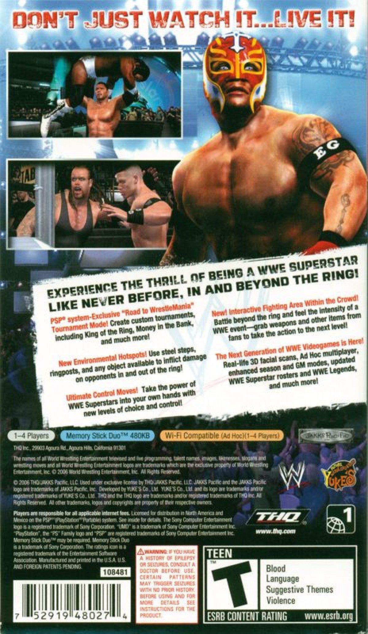 WWE SmackDown vs. Raw 2007 back of case for PlayStation Portable (PSP) professional wrestling fighting game