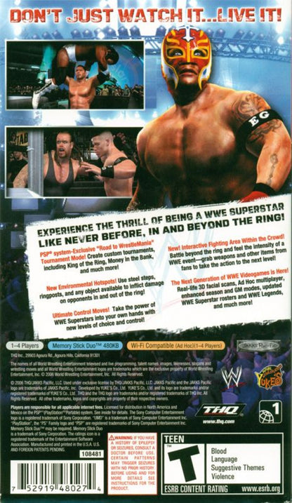 WWE SmackDown vs. Raw 2007 back of case for PlayStation Portable (PSP) professional wrestling fighting game