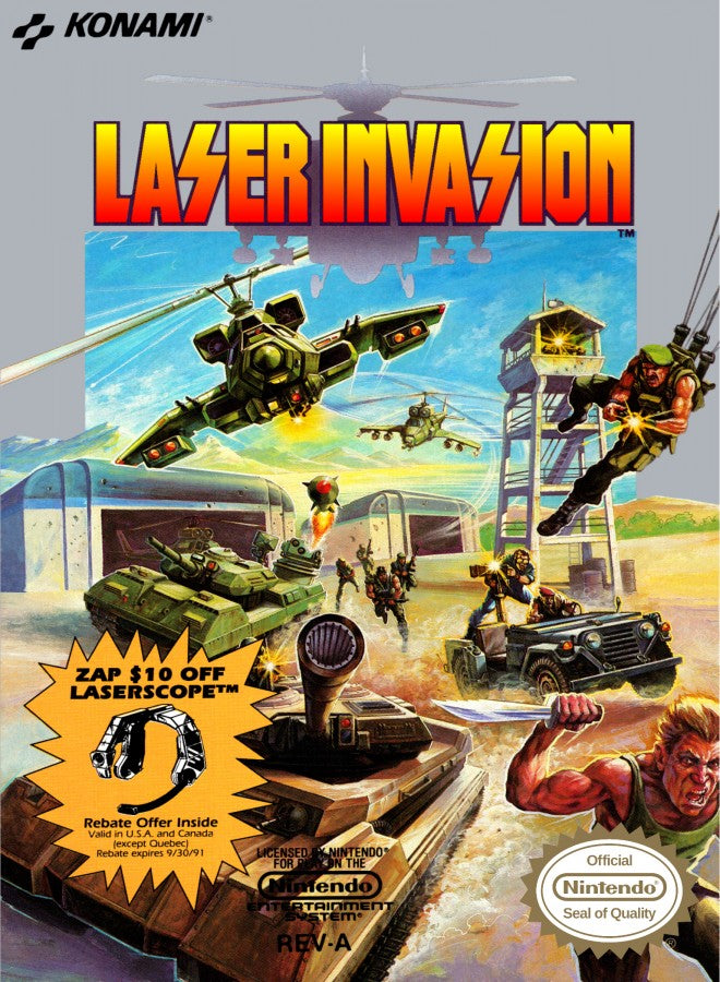 Laser Invasion Nintendo Entertainment System NES video game featuring military action gameplay helicopter combat first person shooting missions vehicle battles enemy attacks strategic objectives and classic 8 bit action retro video game collection collectible gaming appeal cover art