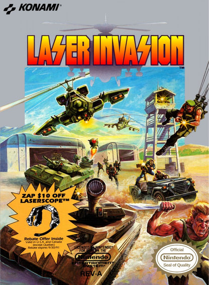 Laser Invasion Nintendo Entertainment System NES video game featuring military action gameplay helicopter combat first person shooting missions vehicle battles enemy attacks strategic objectives and classic 8 bit action retro video game collection collectible gaming appeal cover art