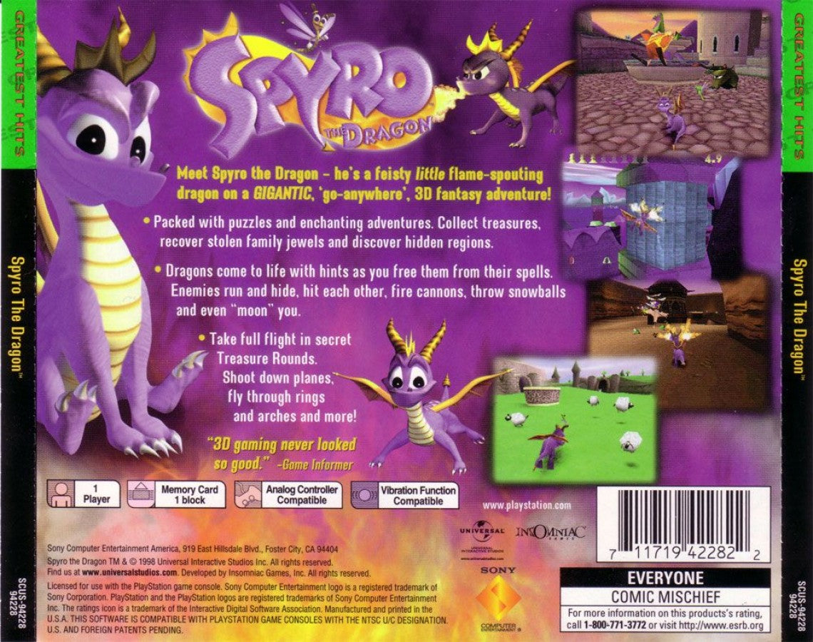 Spyro the Dragon [Greatest Hits] – PlayStation 1 (PS1) back of case for retro video game
